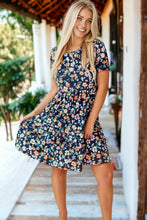 Load image into Gallery viewer, Blue Short Sleeve A-line Floral Dress
