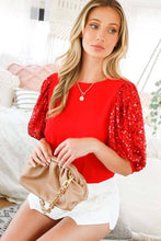 Load image into Gallery viewer, Round neck sequin contrast sleeves blouse
