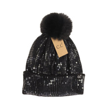 Load image into Gallery viewer, Allover Clear Sequin Faux Fur Pom C.C Beanie

