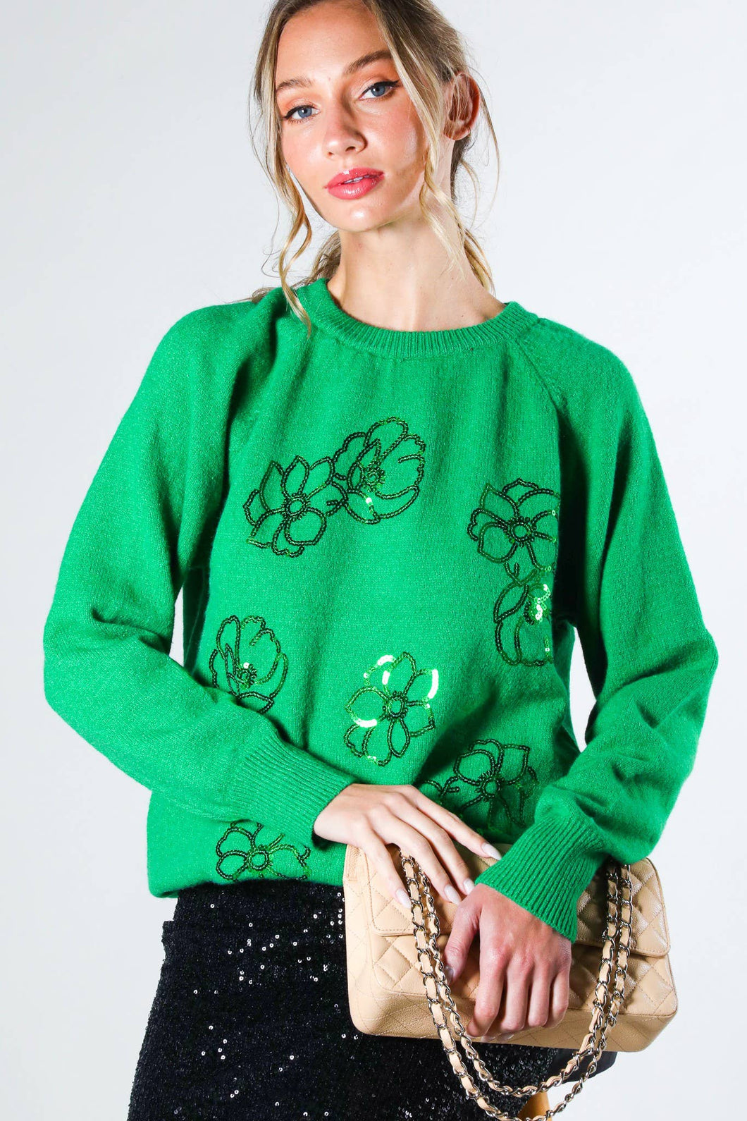 Green Sequin Flower Sweater Top