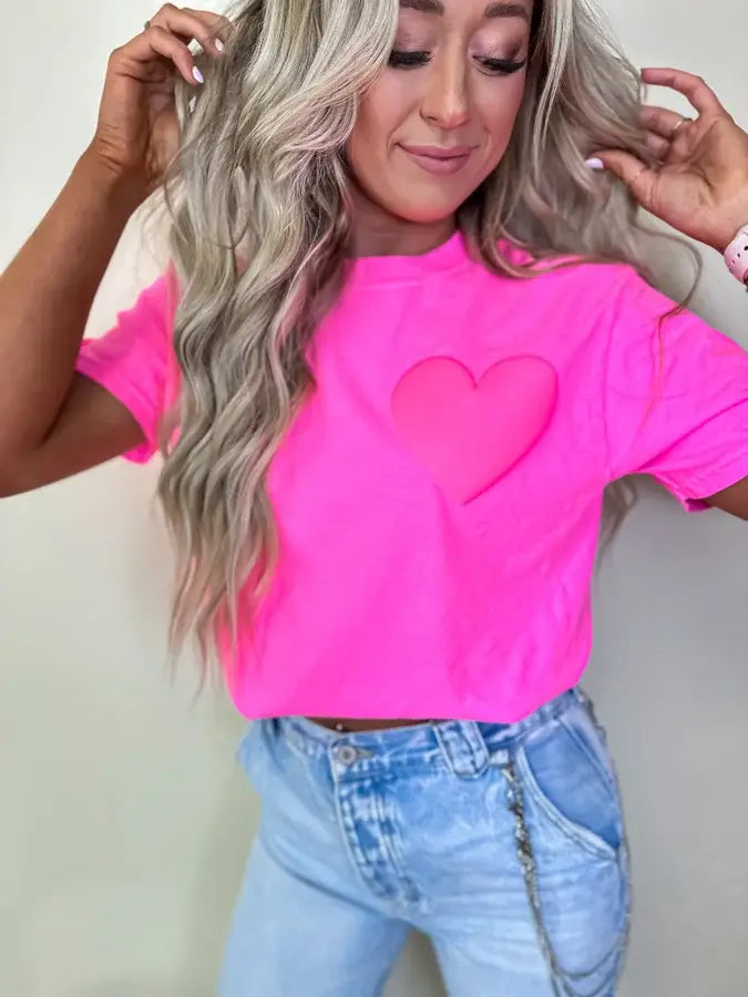 Neon Pink Heart Puff Graphic Tee **Pre Order**