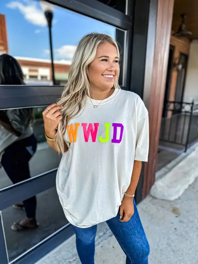 WWJD Neon Puff Letter Graphic Tee